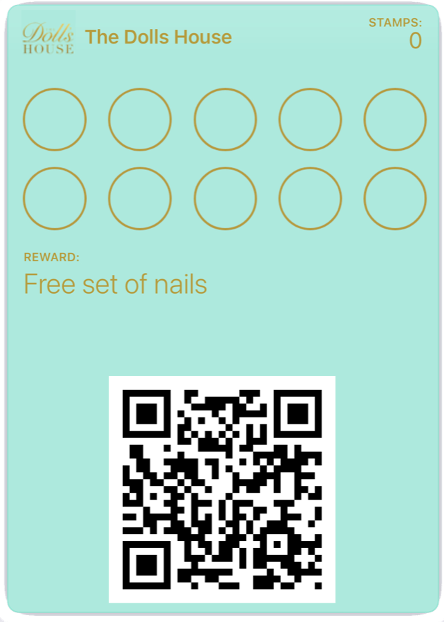 Example Dolls House beauty loyalty card with stamps towards a nail treatment