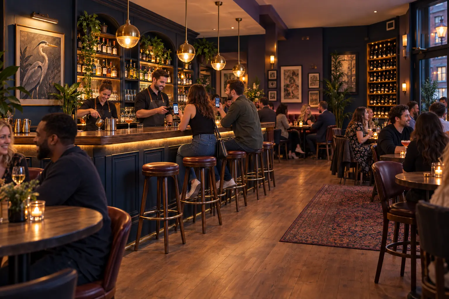 Customers returning to a lively bar and showing their coupon offers