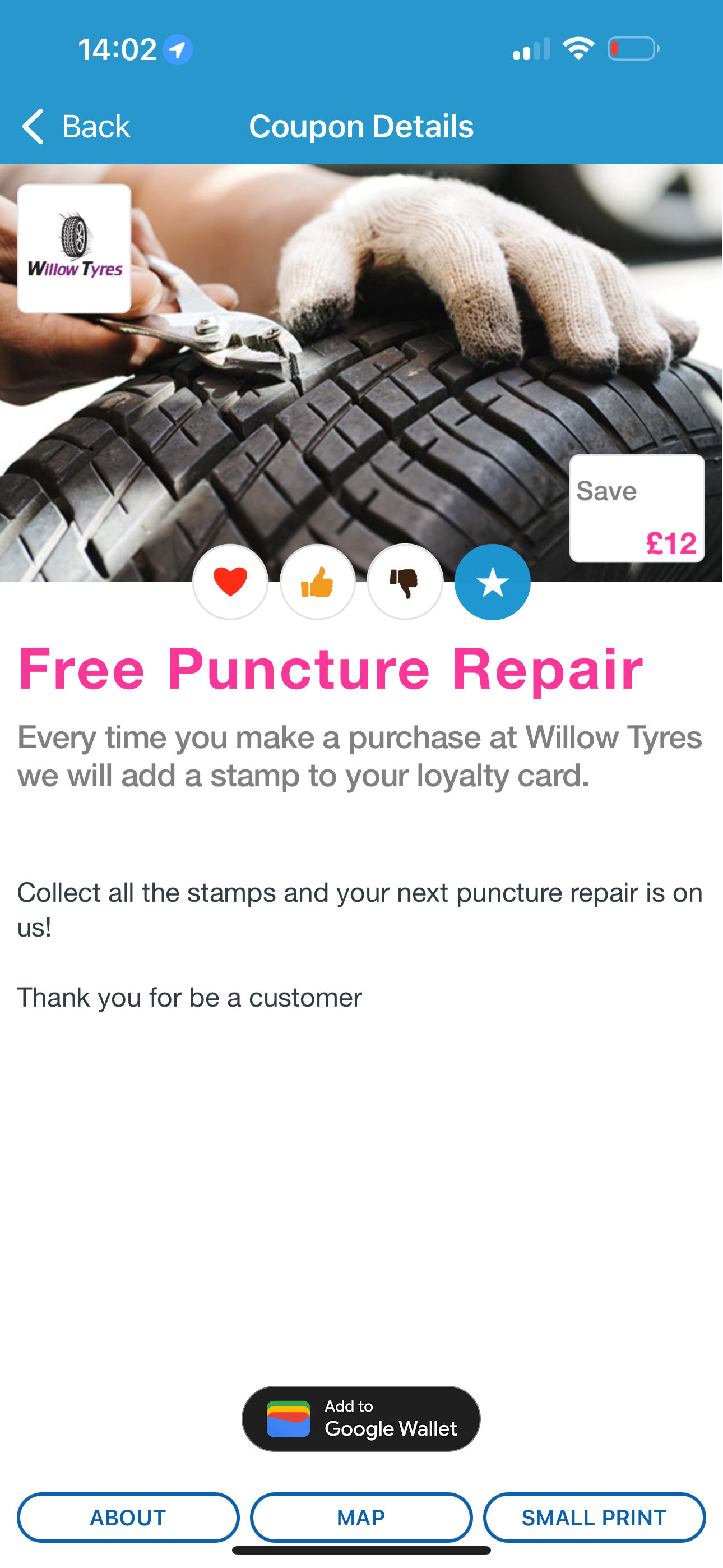 Original CouponBank Willow Tyres coupon showing a free puncture repair loyalty reward