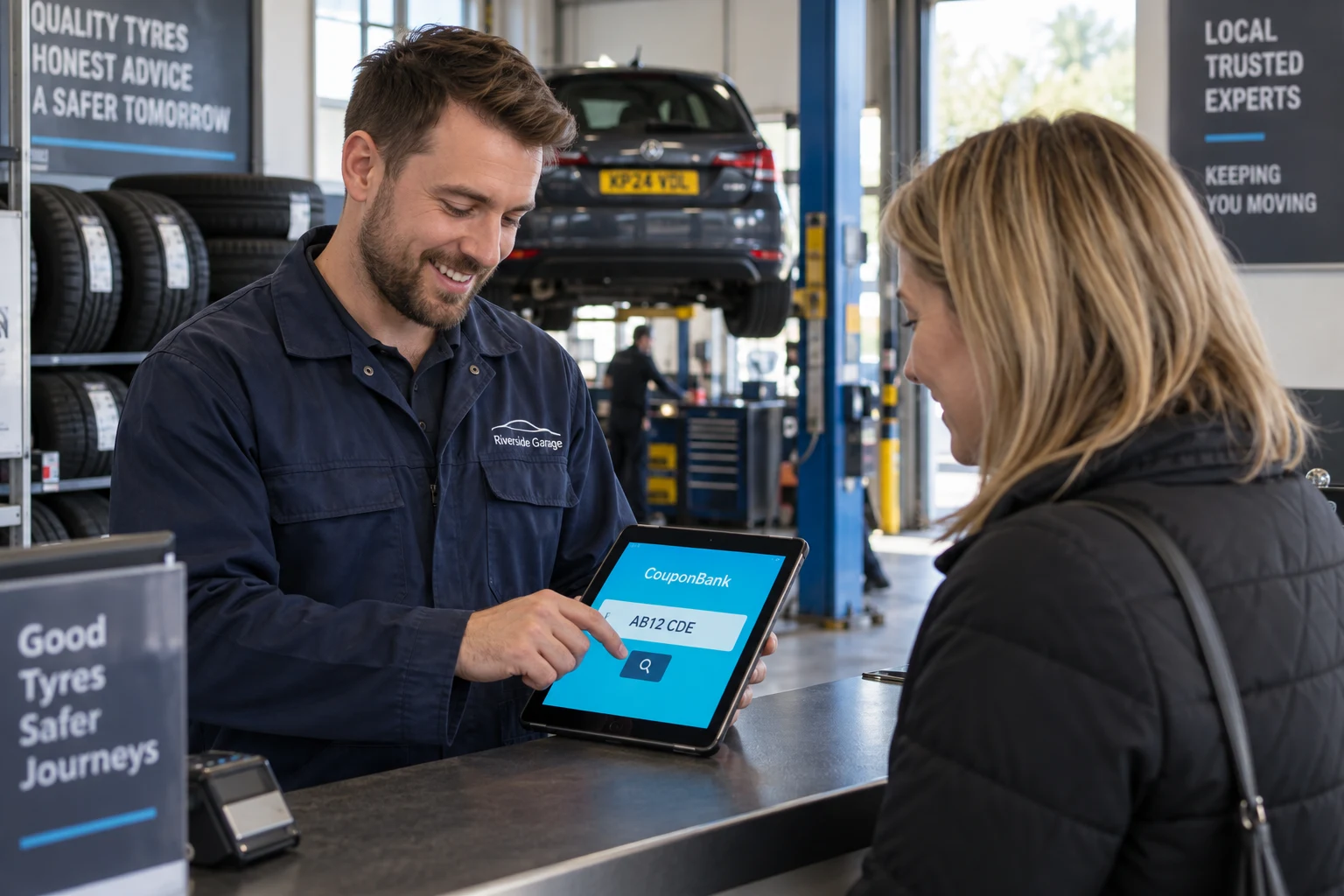 A tyre garage advisor looking up a customer vehicle registration in CouponBank