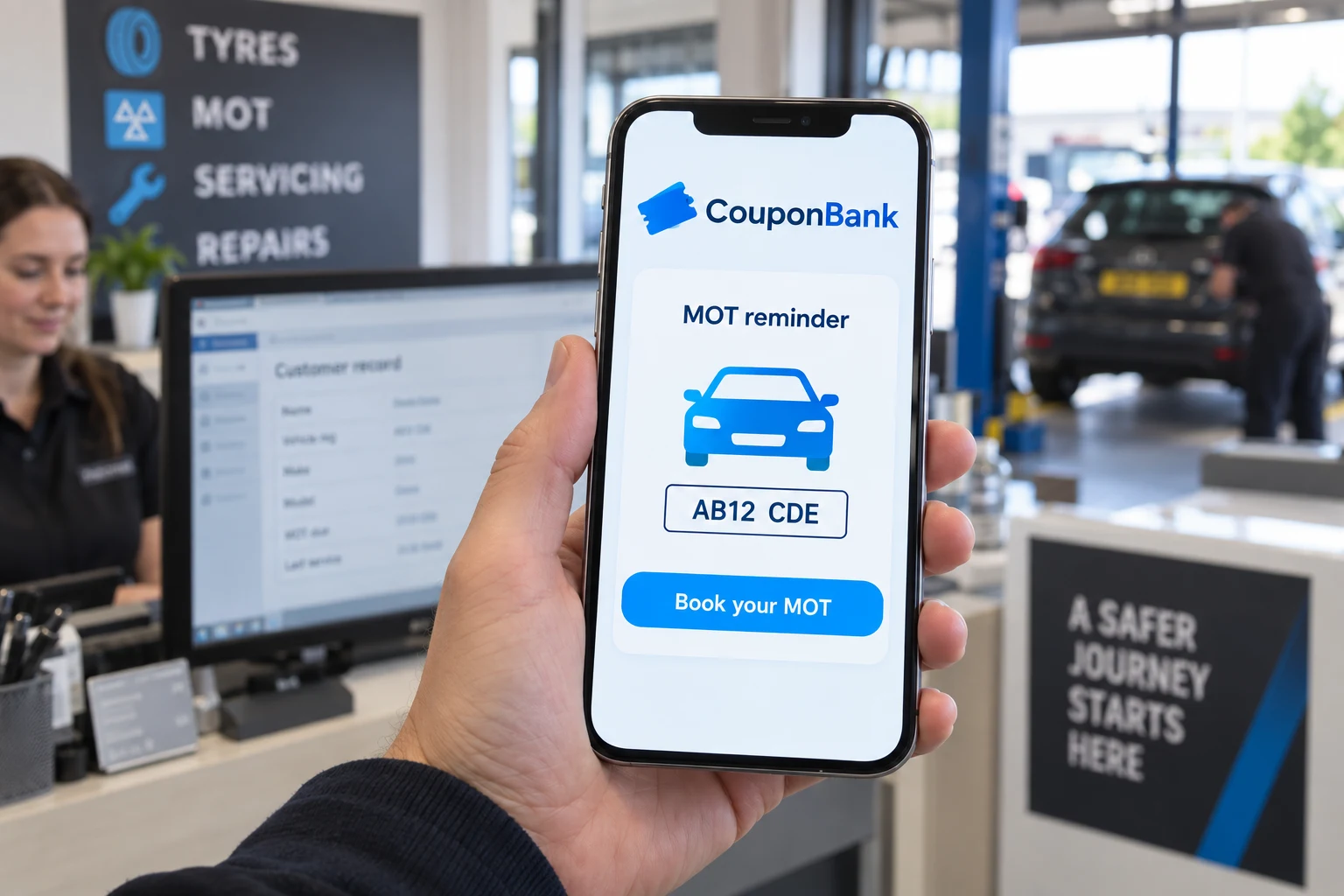 A customer phone displaying a CouponBank MOT reminder