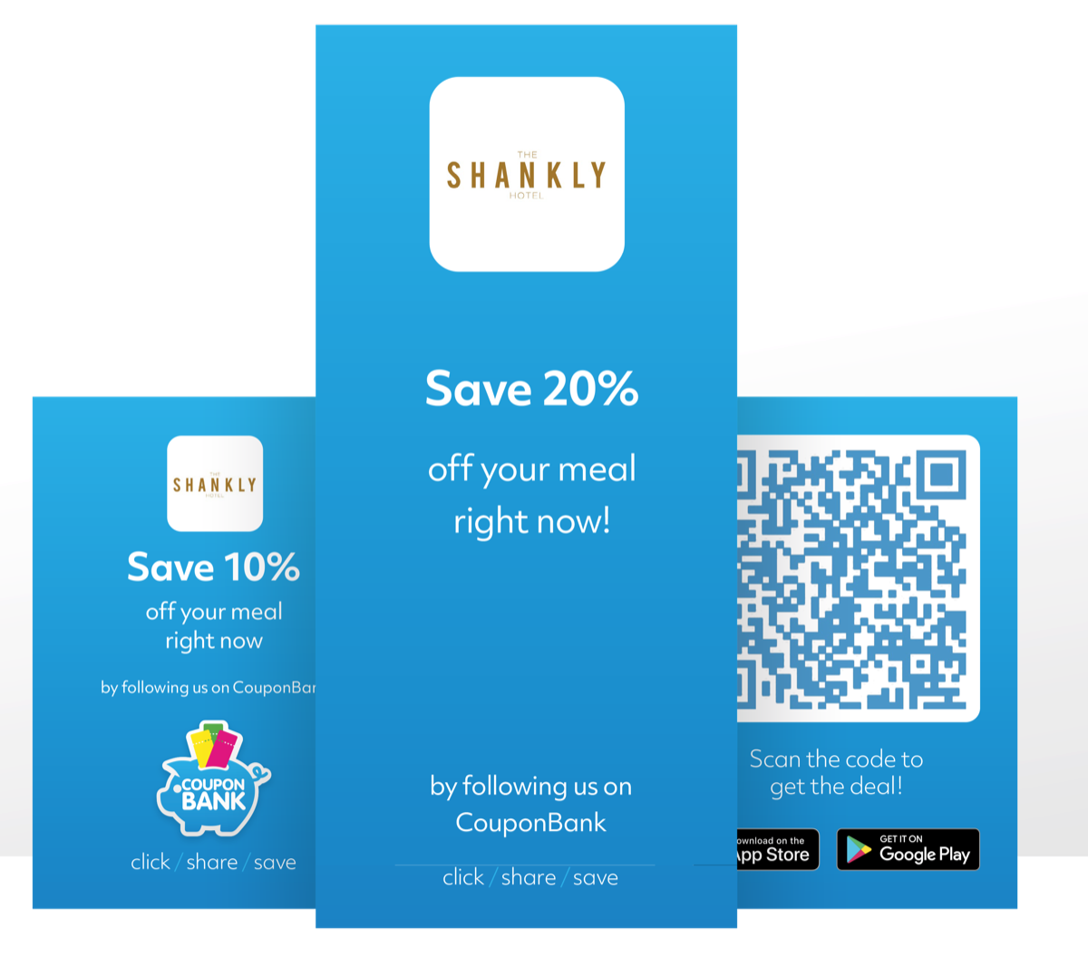 Example Shankly Hotel promotional materials with coupon offers and a QR code