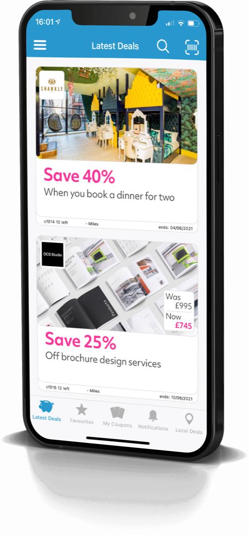 CouponBank Latest Deals app screen listing local coupons for customers to browse