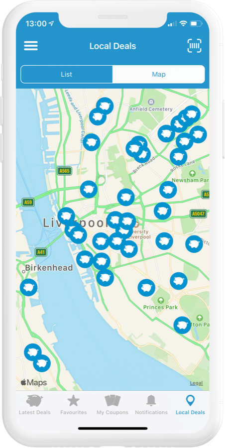 CouponBank local deals map displayed on a phone