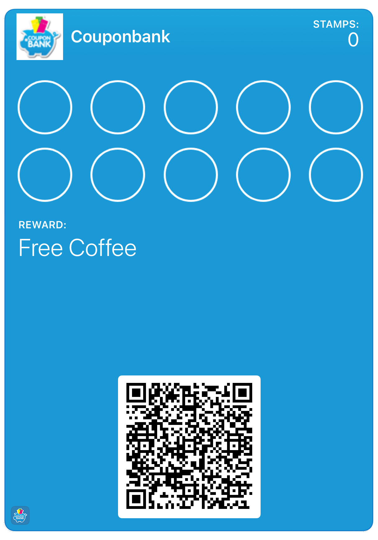 CouponBank digital stamp loyalty card with ten stamp spaces, a reward and a QR code
