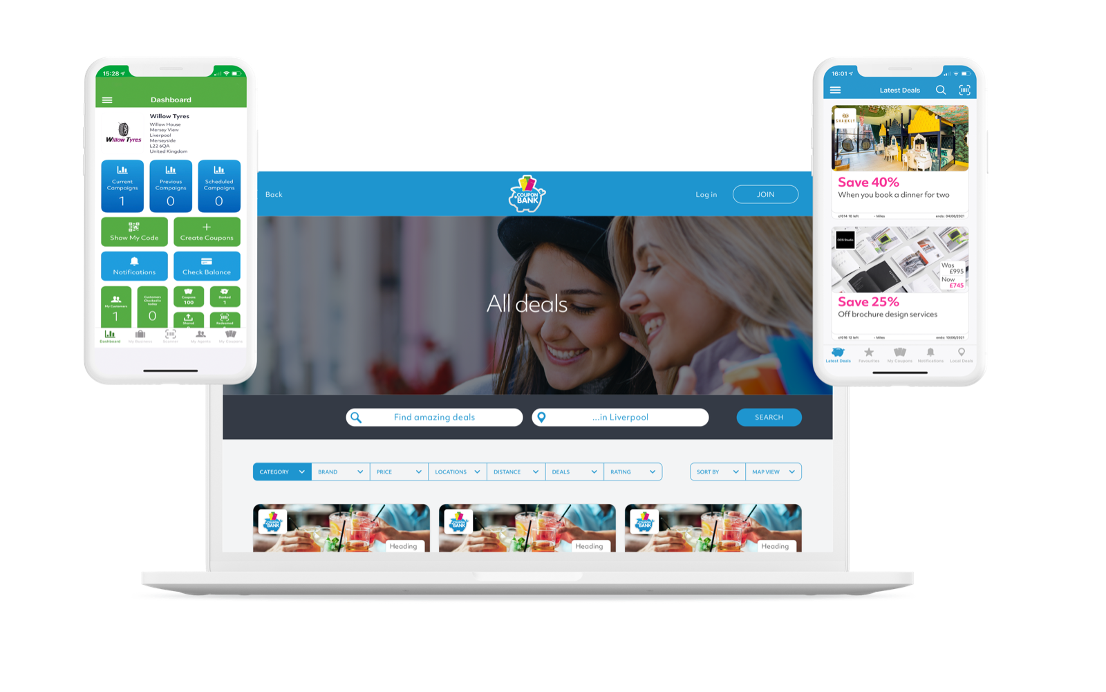 CouponBank retailer dashboard, deals website and customer app shown together