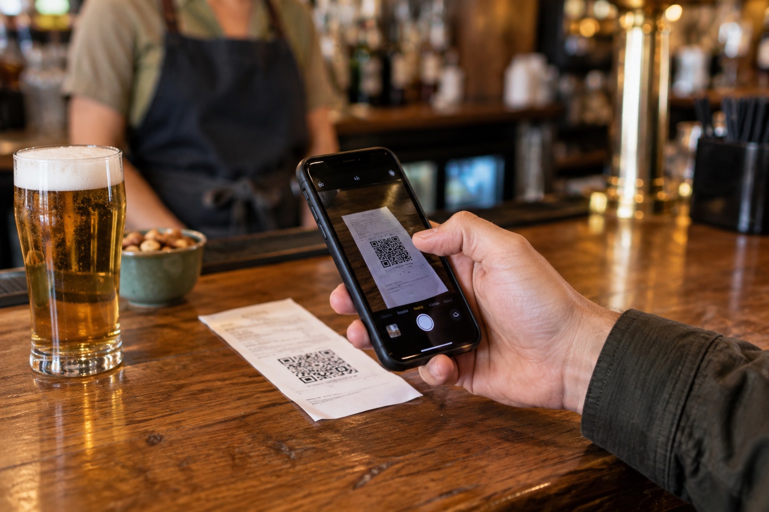 Customer scanning a loyalty QR code printed on a receipt at a pub bar