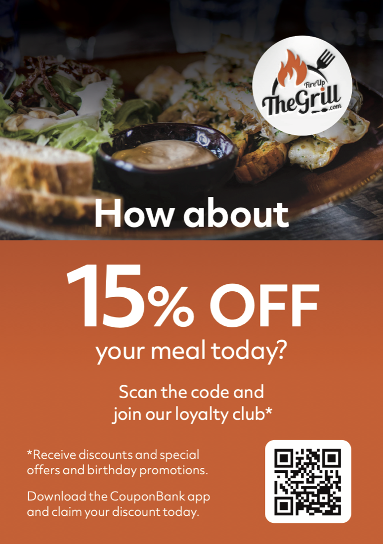 Restaurant loyalty-club promotional example offering a meal discount and QR-code sign-up