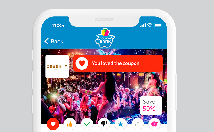 CouponBank app showing a customer’s coupon feedback and reaction options
