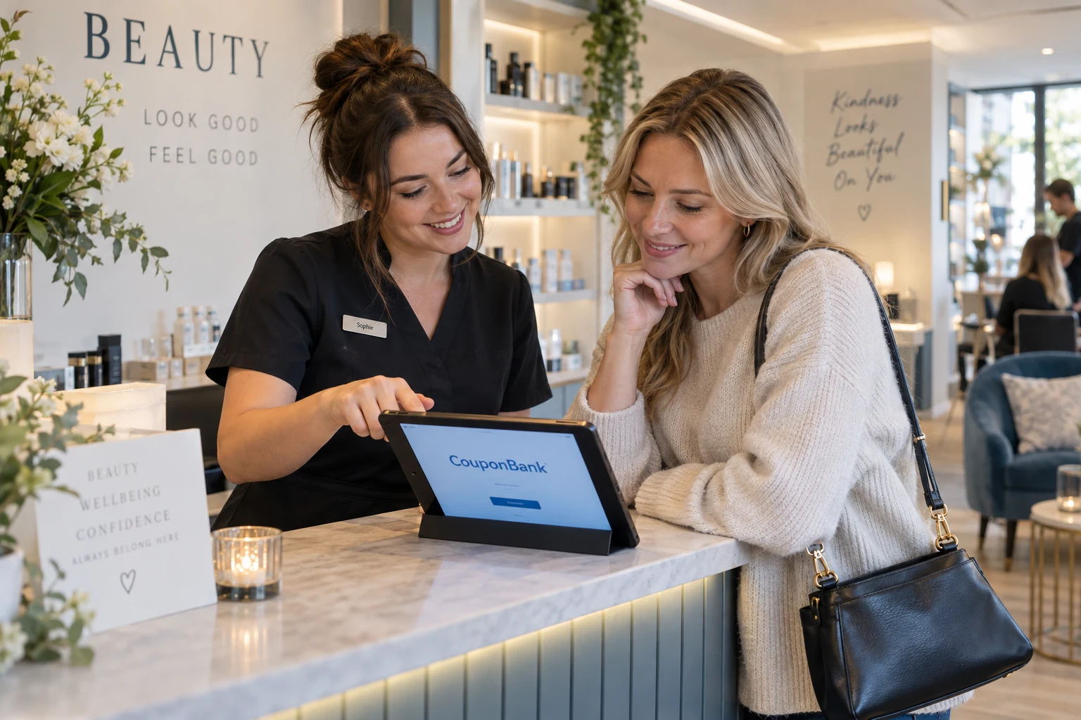 A salon team member helping a customer sign up for a CouponBank loyalty card