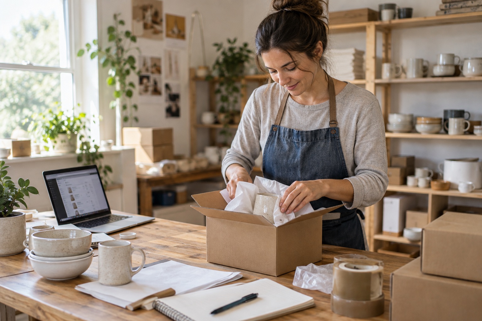 Independent online retailer packing customer orders beside a laptop