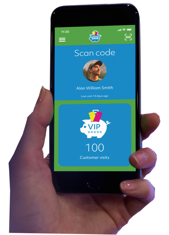 CouponBank VIP customer screen showing a named member, scan code and recorded customer visits