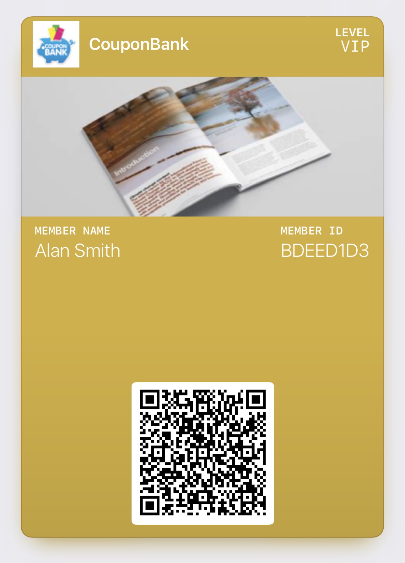Example CouponBank VIP membership card with member name, VIP status and a unique QR code
